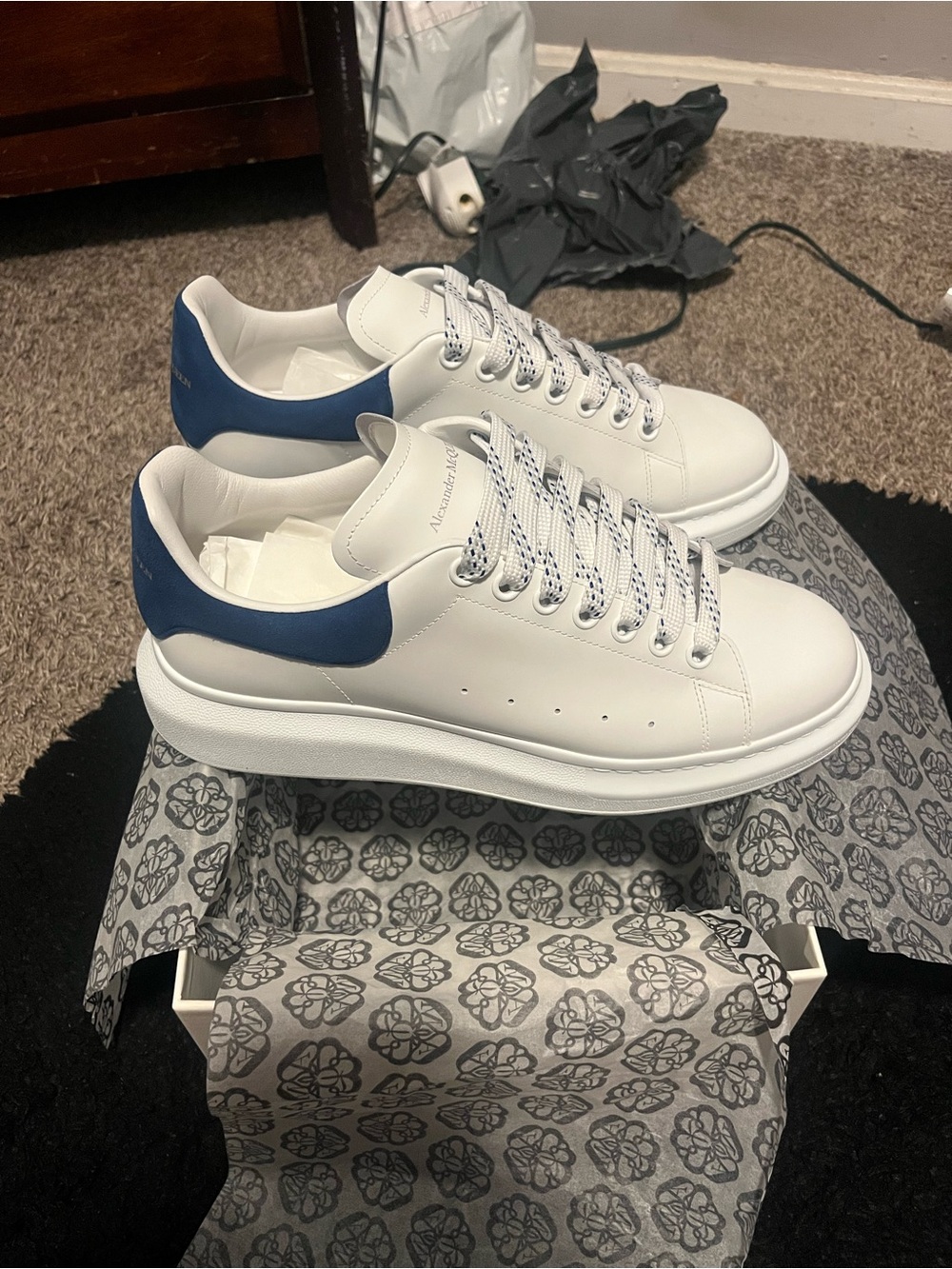 Alexander McQueen White Leather Oversized Sneakers with Blue Heel Tab